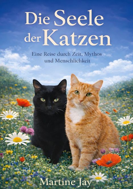 Titel: "Die Seele der Katzen". Untertitel: "Eine Reise durch Zeit, Mythos und Menschlichkeit". Zwei Katzen im Blumenfeld.