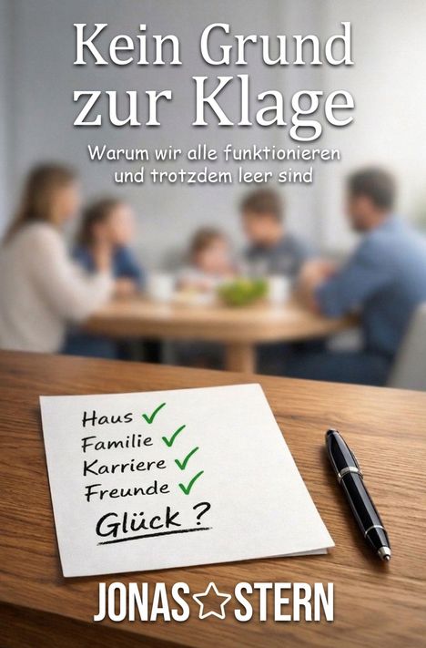 Text: "Kein Grund zur Klage", "Warum wir alle funktionieren und trotzdem leer sind", "Haus ✓, Familie ✓, Karriere ✓, Freunde ✓, Glück?". Im Hintergrund verschwommen eine Familie am Tisch.