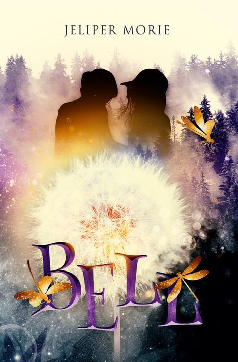 Text: "Jeliper Morie" und "BELL". Silhouette zweier Personen vor einem Wald, Löwenzahn und Schmetterling. Fantasievolle Illustration.