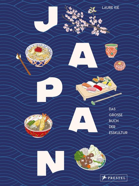 "Japan" in großen Buchstaben, mit Blüten und traditionellen Gerichten auf blauem Hintergrund. Text: "Das grosse Buch der Esskultur".