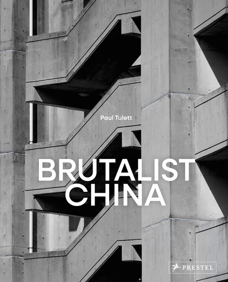 "Paul Tulett. BRUTALIST CHINA. Grauer, geometrischer Betonbau mit diagonalen Linien, Logos unten rechts."
