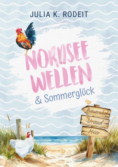 "Julia K. Rodeit", "Nordseewellen & Sommerglück", "Bauernhof, Strand, Meer" auf Schildern; Huhn und Küken am Strand.