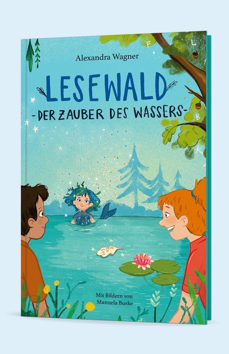 Titel: "Lesewald - Der Zauber des Wassers". Zwei Kinder betrachten eine Meerjungfrau im Wasser; bunte, fröhliche Illustration.