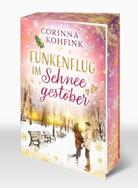 "Corinna Kohfink: Funkenflug im Schneegestöber." Ein Paar im verschneiten Park, umgeben von Bänken und Bäumen.
