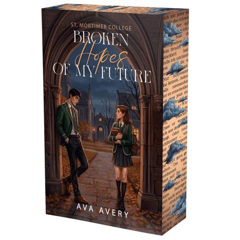 "St. Mortimer College: Broken Hopes of My Future, Ava Avery." Zwei Schüler vor einem Bogen in herbstlicher Szenerie.