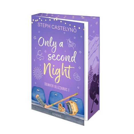 Buch mit lila Cover: "Only a Second Night" von Steph Castelino. Eishockey-Motiv mit Schläger und Helm, im Hintergrund Berge.