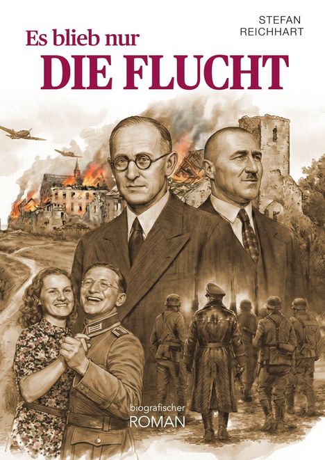 „Es blieb nur DIE FLUCHT“, Stefan Reichhart. Zwei Männer vor einem brennenden Gebäude. Tanzen, Soldaten und Flugzeuge.