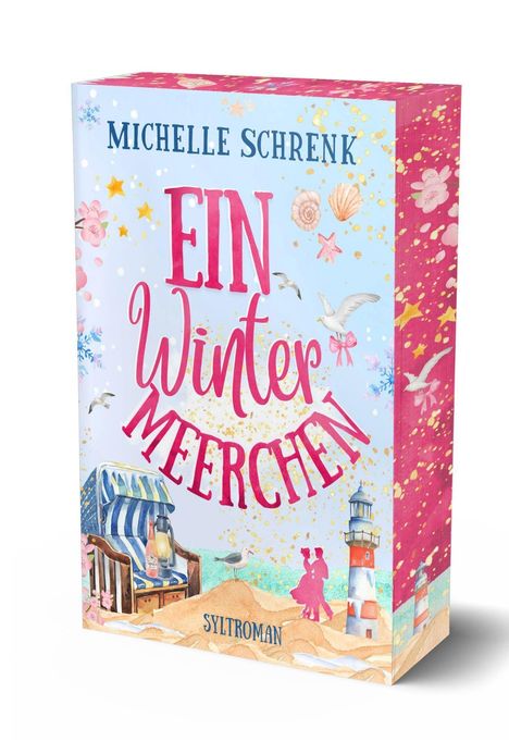 "Michelle Schrenk, Ein Wintermeerchen, SylRoman." Ein buntes Cover mit Leuchtturm, Strandkorb, Seesternen und Möwen.