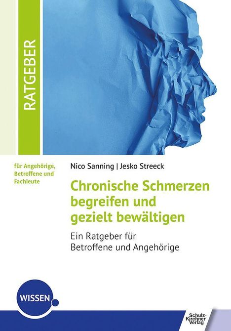 „Chronische Schmerzen begreifen und gezielt bewältigen“. Blau knitternde Struktur, linkes Band mit „Ratgeber“.