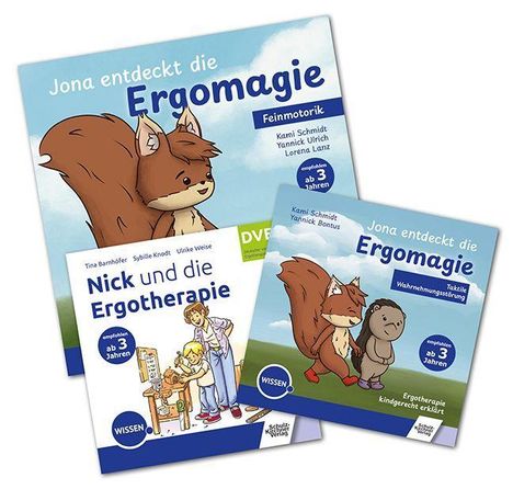 Drei Kinderbücher: "Jona entdeckt die Ergomagie" und "Nick und die Ergotherapie", empfohlen ab 3 Jahren, Tier-Illustrationen.