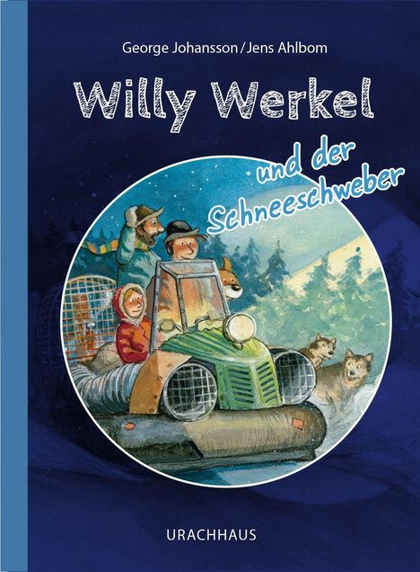 "Willy Werkel und der Schneeschweber", Urachhaus. Illustration von Menschen in einem Schneeschweber im winterlichen Wald.