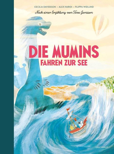 Text: "DIE MUMINS FAHREN ZUR SEE". Eine Illustration zeigt ein großes blaues Monster und ein Boot auf einer wilden Welle.