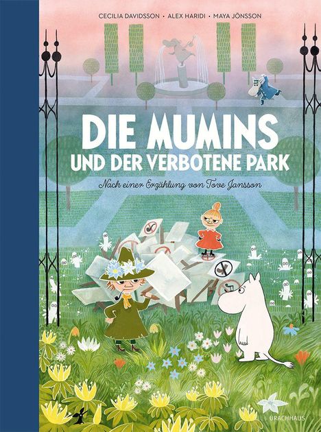 Titel: "Die Mumins und der verbotene Park". Illustration mit Figuren in einem grünen Park voller Schilder.