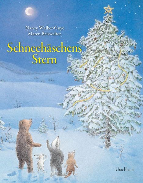 Text: „Schneehäschens Stern“. Illustration von Tieren, die einen geschmückten, verschneiten Baum betrachten.