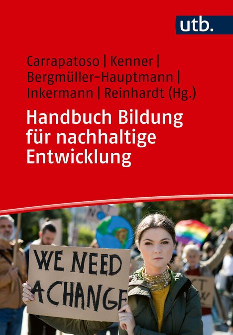 "Handbuch Bildung für nachhaltige Entwicklung" oben. Unten Hand hält Glühbirne mit Bäumen und Windrad darin.