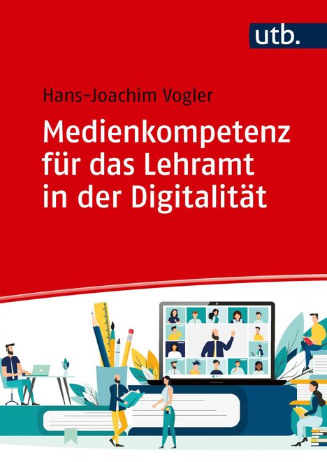 „Medienkompetenz für das Lehramt in der Digitalität“, rote Farbe, Illustrationen: Menschen mit Büchern, Laptop, Pflanzen.