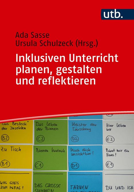 Buchcover mit rotem Hintergrund, Titel: "Inklusiven Unterricht planen, gestalten und reflektieren". Bunte Notizen unten.