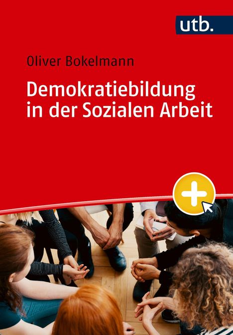 "Demokratiebildung in der Sozialen Arbeit" von Oliver Bokelmann, roter Hintergrund, Menschen in einem Sitzkreis.