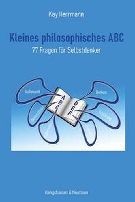 „Kleines philosophisches ABC: 77 Fragen für Selbstdenker“ von Kay Herrmann. Illustration: Offenes Buch, Denkblasen.