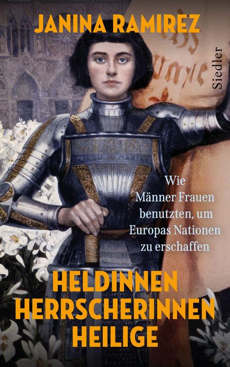 Titel: Heldinnen Herrscherinnen Heilige. Frau in Rüstung in einem Gemälde, umgeben von Lilien.
