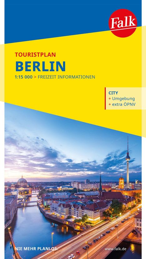 "TOURISTPLAN BERLIN 1:15 000 > FREIZEIT INFORMATIONEN" auf gelbem Hintergrund. Stadtansicht mit Fernsehturm. Logo oben rechts.