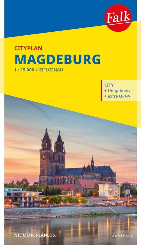 Text: "CITYPLAN MAGDEBURG 1:15 000 > ZIELGENAU CITY + Umgebung + extra ÖPNV NIE MEHR PLANLOS."  
Illustration einer Kirche.