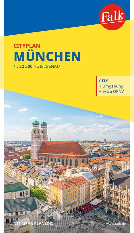 "Cityplan München 1:22 500 > Zielgenau", "City + Umgebung + extra ÖPNV", "Nie mehr planlos." Oben ein rotes Falk-Logo. Darunter eine Stadtansicht von München mit der Frauenkirche.