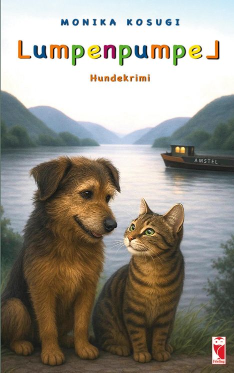 "Lumpenpumpe: Hundekrimi" von Monika Kosugi. Illustration: Hund und Katze sitzen vor einem Fluss, im Hintergrund ein Boot.