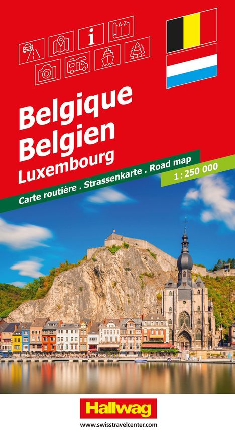 „Belgique Belgien Luxembourg“ und „Carte routière . Strassenkarte . Road map“. Stadtansicht mit Kirche vor Felsen.