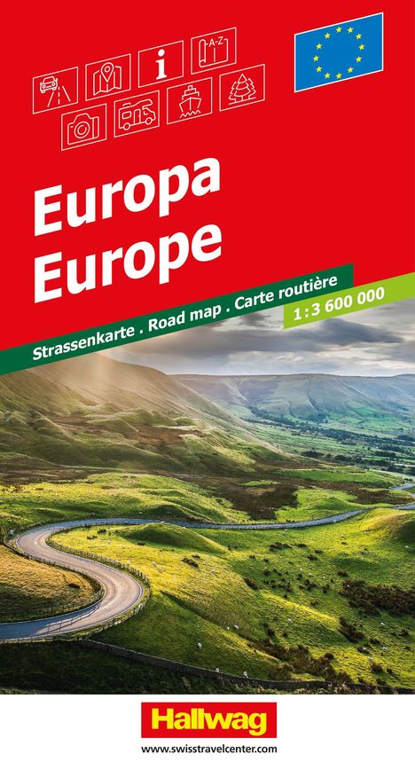 „Europa Europe“, „Strassenkarte, Road map, Carte routière“, darunter eine kurvige Straße in grüner Landschaft.