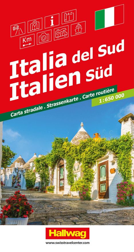 "Italia del Sud, Italien Süd, 1:650 000. Straßenkarte. Gebäude mit Kegeldächern und Blumen, italienische Flagge."