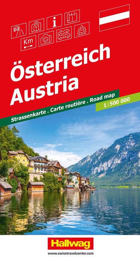 „Österreich Austria“, „Strassenkarte . Carte routière . Road map“, rote und grüne Schrift auf Foto einer See-Landschaft.