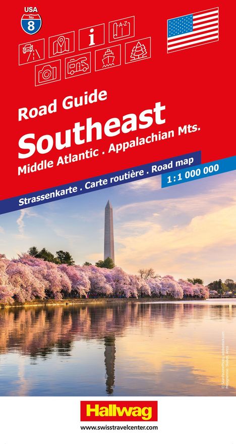 "Road Guide Southeast: Middle Atlantic. Appalachian Mts. Strassenkarte. Washington Monument, blühende Bäume, Wasser."