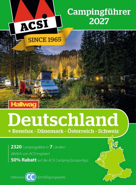 Campingführer 2027, Deutschland + Benelux, Dänemark, Österreich, Schweiz. Waldszene mit Wohnwagen und Fahrrad.
