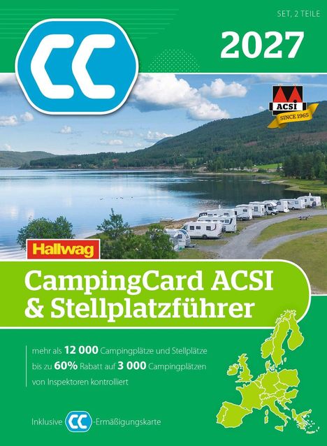 "CampingCard ACSI & Stellplatzführer 2027" mit Wohnwagen am See, Logo oben links, Landkarte unten rechts.
