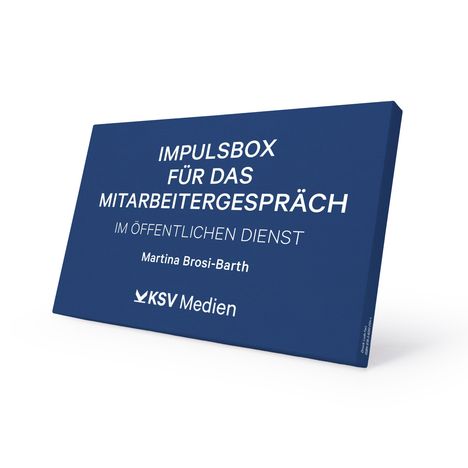 Blauer Hintergrund, Text: "IMPULSBOX FÜR DAS MITARBEITERGESPRÄCH IM ÖFFENTLICHEN DIENST," "Martina Brosi-Barth," "KSV Medien".