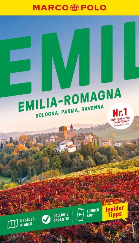 Marco Polo Reiseführer für Emilia-Romagna: Bologna, Parma, Ravenna. Landschaft mit Burg und Weinbergen.