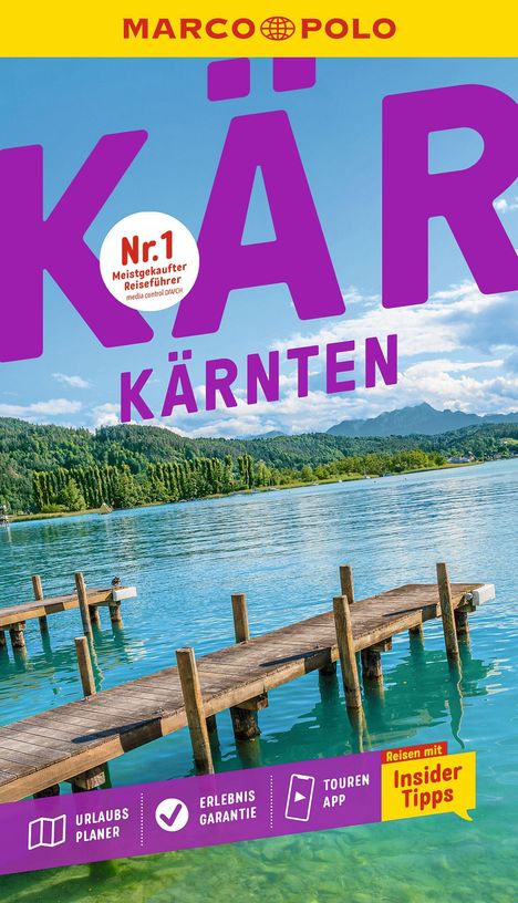 „Nr. 1 meistgekaufter Reiseführer“, „KÄRNTEN“, See mit Steg, grünes Ufer, Gebirge am Horizont, blauer Himmel.
