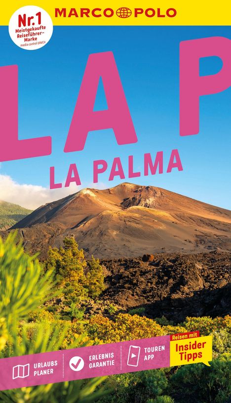 „La Palma“ in großen, pinken Buchstaben. Titel „MARCO POLO“. Ein Vulkan mit grünem Vordergrund, blauer Himmel.