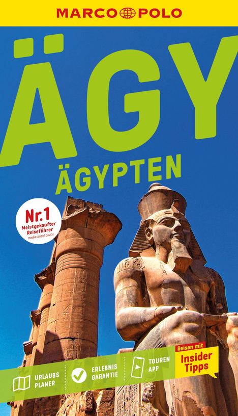 Text: "Marco Polo", "ÄGYPTEN", "Nr.1 Meistgekaufter Reiseführer", "Reisen mit Insider Tipps". Große Statue und Säule.