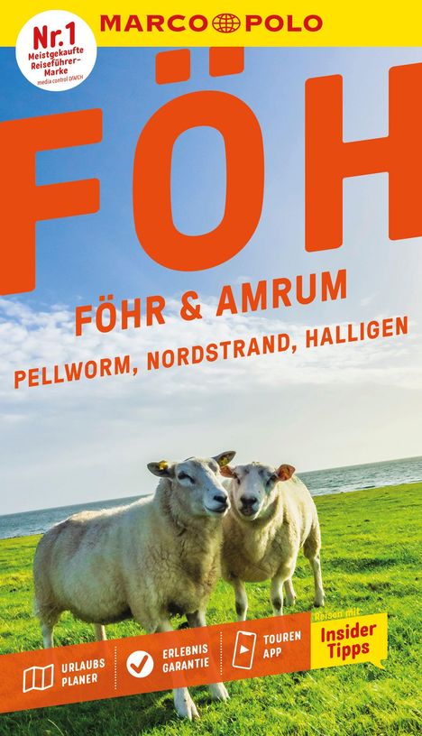 Großer Text „FÖHR“. „Föhr & Amrum“, „Pellworm, Nordstrand, Halligen“. Zwei Schafe auf einer grünen Wiese am Meer.