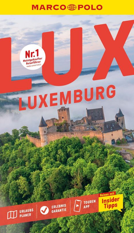 "Nr. 1 Meistgekaufter Reiseführer." "LUX LUXEMBURG." Burgruine über dichtem Wald mit Nebel im Hintergrund. Logo von MARCO POLO oben.