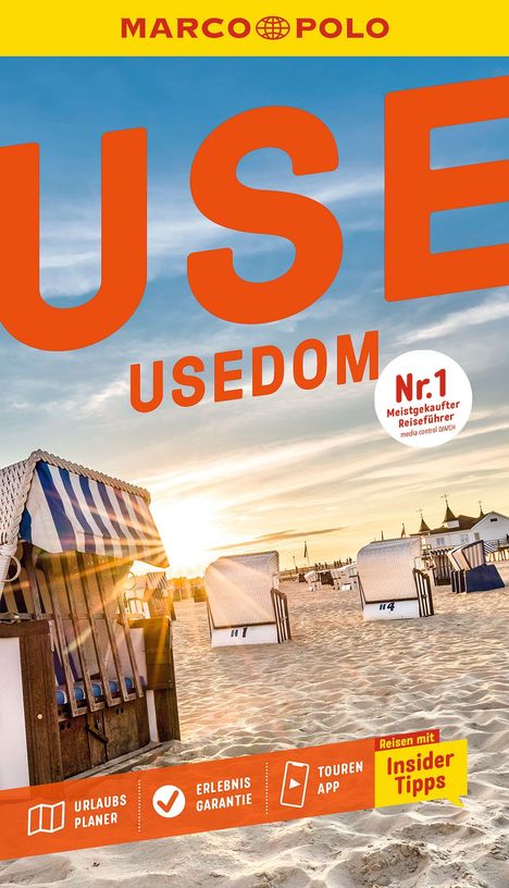 Text: "USE USEDOM", "Nr.1 Meistgekaufter Reiseführer", "URLAUBSPLANER", "ERLEBNISGARANTIE", "TOUREN APP", "Insider Tipps". Illustriert Strandkörbe bei Sonnenaufgang.