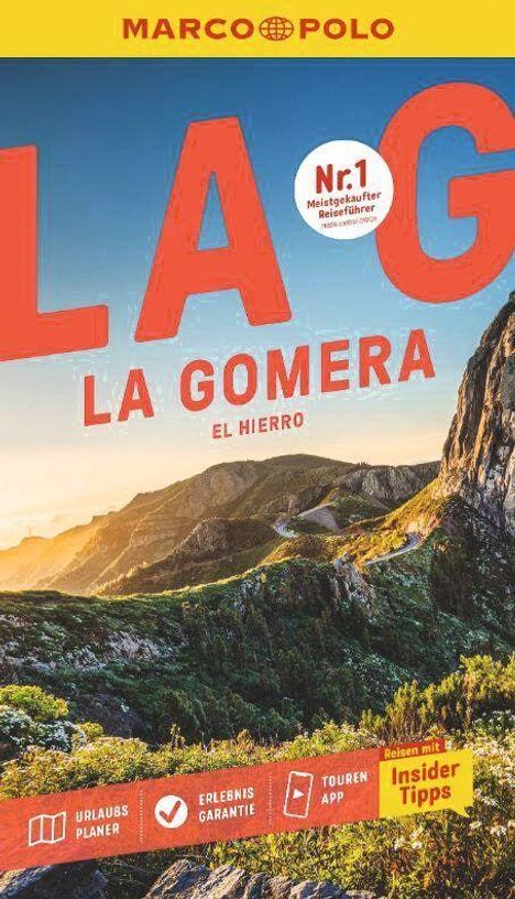 Text: "MARCO POLO", "LA GOMERA", "EL HIERRO", "Nr. 1 meistgekaufter Reiseführer", "Urlaubsplaner", "Erlebnis Garantie", "Touren App", "Insider Tipps". 

Eine Berglandschaft im Hintergrund.