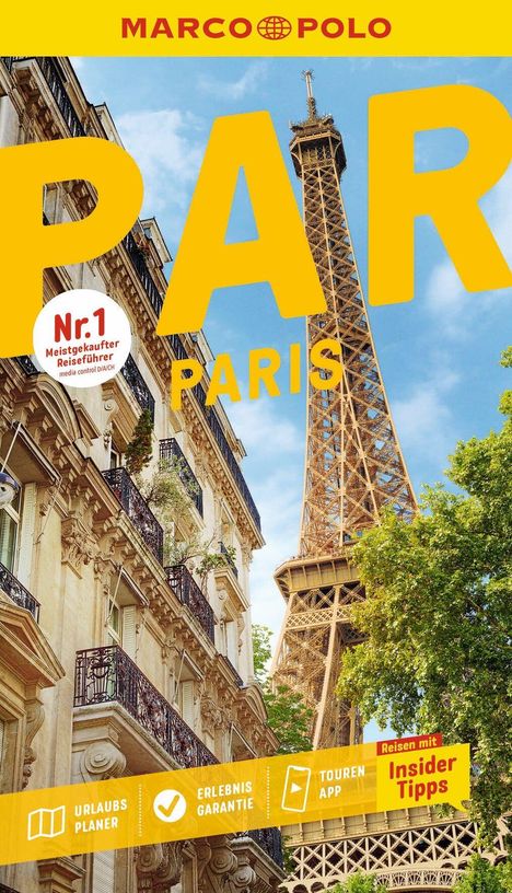MARCO POLO: PARIS, Nr.1 Reiseführer, Insider Tipps. Eiffelturm hinter Pariser Gebäude, blauer Himmel.