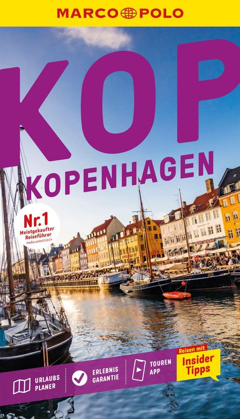 Titel: "KOPENHAGEN". Lila Text mit einem farbenfrohen Hafen im Hintergrund, Boote und bunte Gebäude.