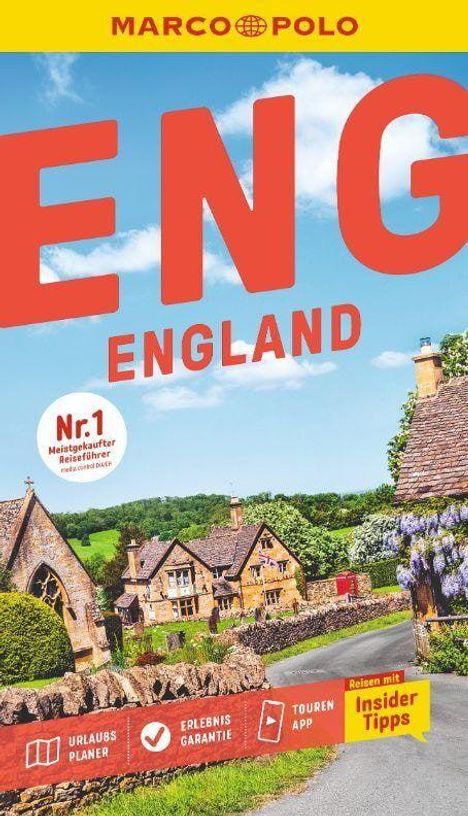 Text: "ENG", "England", "Nr.1 meistgekaufter Reiseführer", "Urlaubsplaner", "Erlebnissgarantie", "Reisen mit Insider-Tipps".<br>
Bild von malerischen Steinhäusern in ländlicher Umgebung.