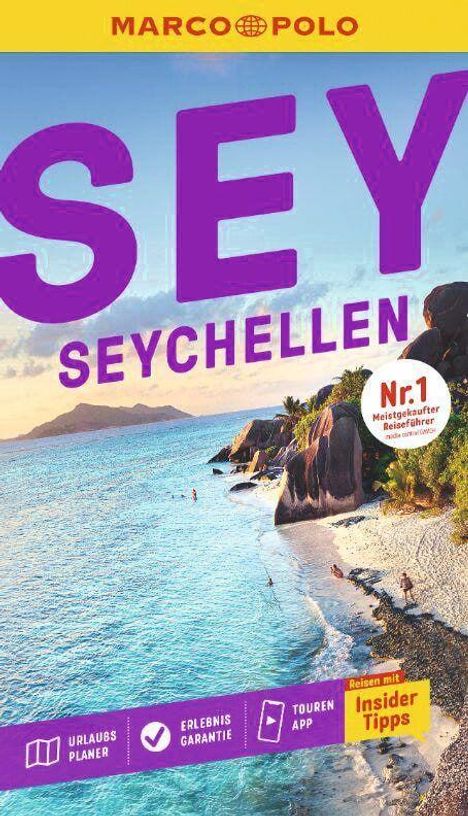 "SEY Seychellen", "Nr. 1", "Insider Tipps". Tropische Küste mit türkisfarbenem Wasser, dramatische Felsen und blauer Himmel.