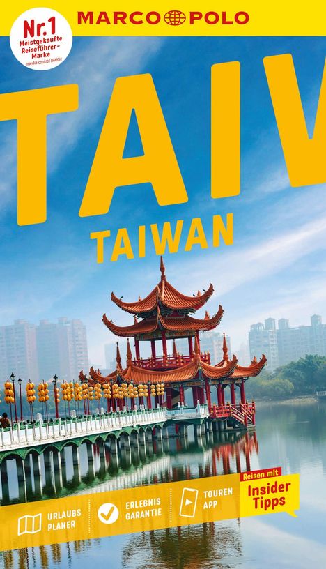 "TAIWAN" in gelber Schrift, darunter ein traditioneller Pagodentempel auf einem See. Im Hintergrund moderne Gebäude.