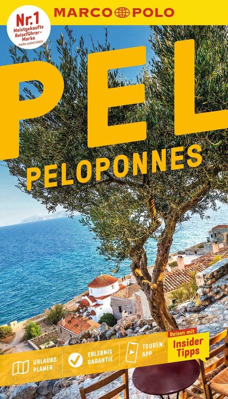 Text: "PEL Peloponnes," "Nr. 1 Meistgekaufte Reiseführer-Marke," "URLAUBS PLANER," "ERLEBNIS GARANTIE," "TOUREN APP," "Reisen mit Insider Tipps". Ein Olivenbaum vor blauem Meer und roten Dächern.